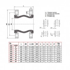 Компенсатор резиновый антивибрационный EPDM DI724016N Ду 600 Ру16 фл L=265мм Tecofi DI724016N-0600 сжатие/растяжение 30/14